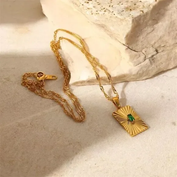 Emerald Green Cubic Zirconia 18K Gold Plated Stainless Steel Pendant Necklace - Picture 8 of 15